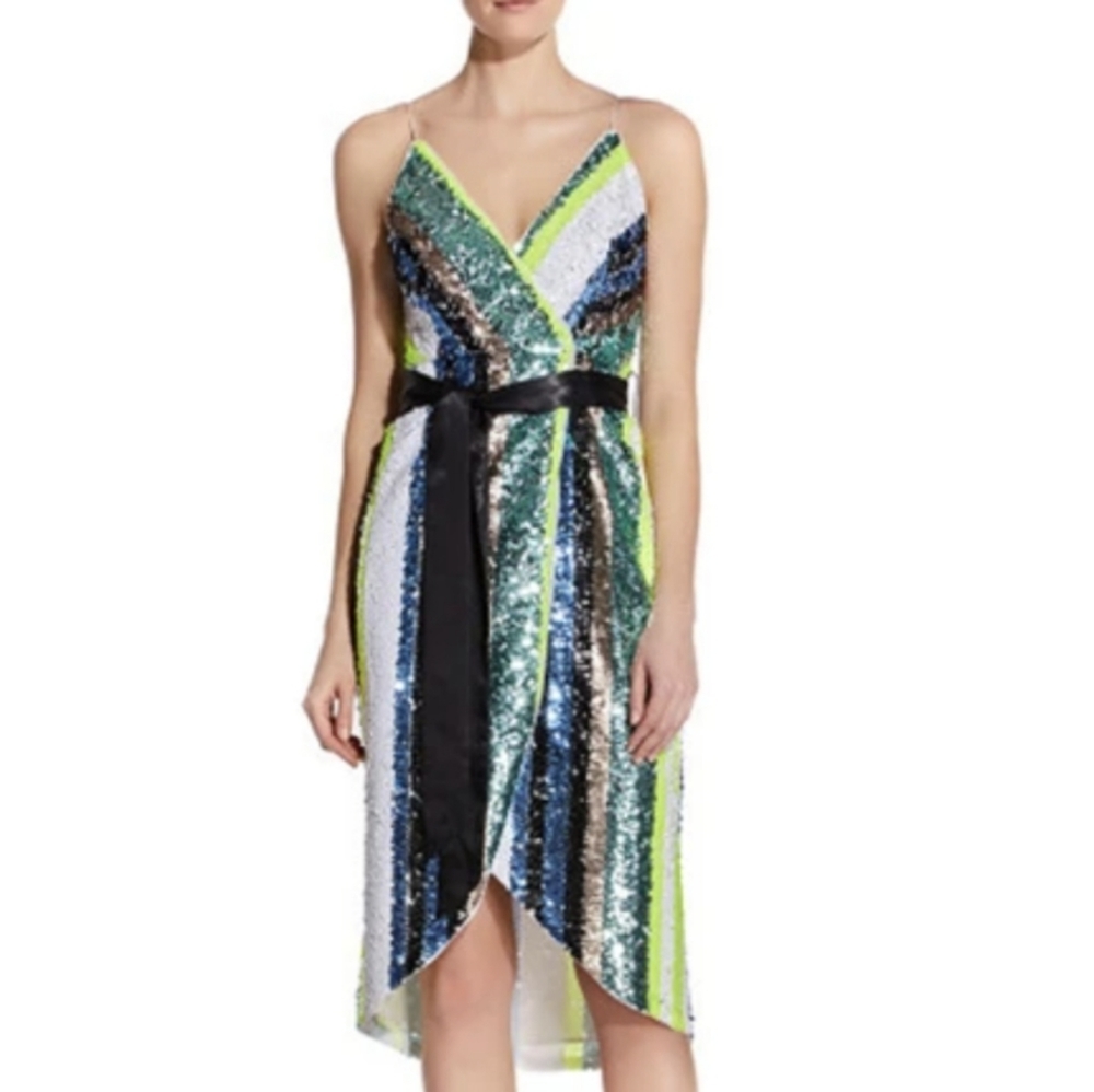 Aidan Aidan Mattox Wrap Front Stripe Sequin Midi Dress Size 0 Rainbow Stripe EUC